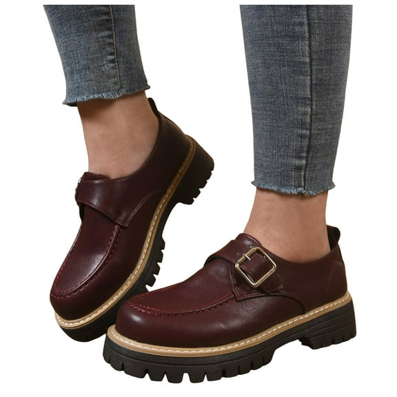 Womens Loafers Fashion Buckle Strap Round Toe Vintage Leather Work Office Dress Shoes Classic Lug Sole Low Heel Business Casual Shoes Wine Size 6.5