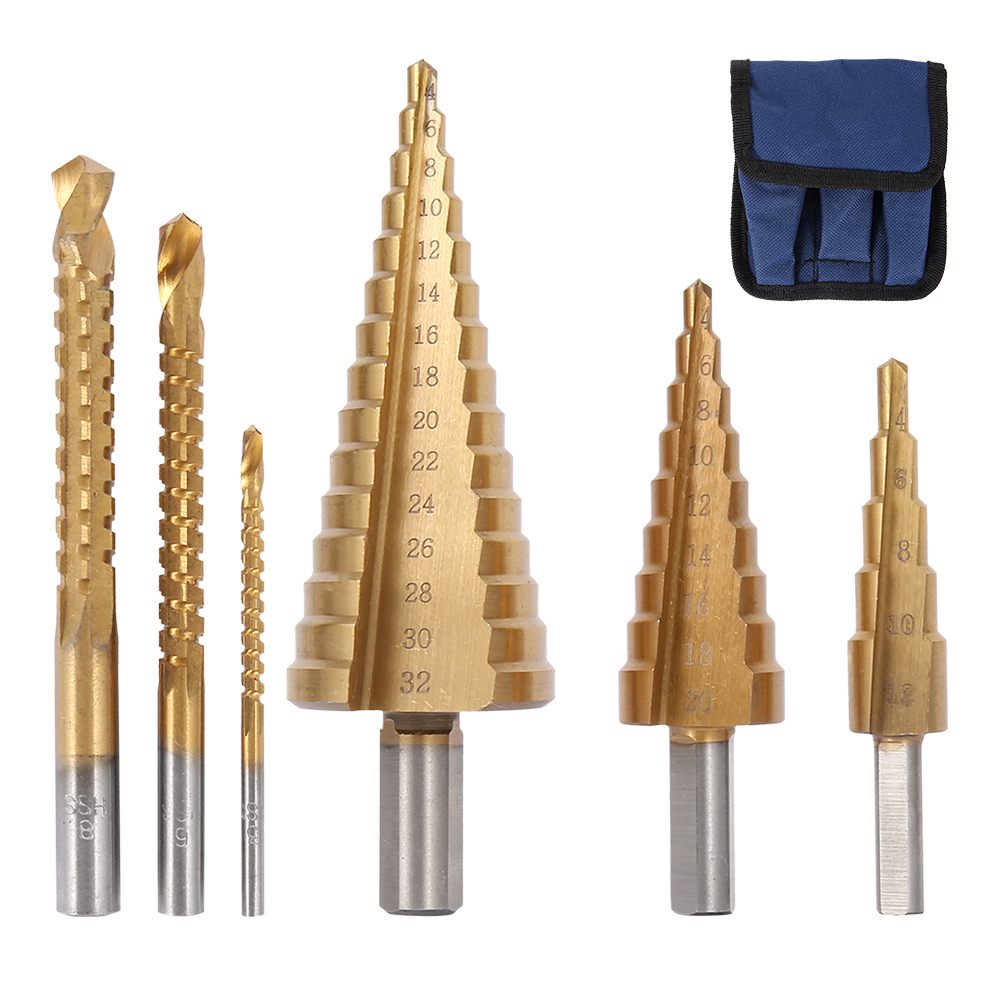 HSS Step Cone Drill 6pcs Titanium Hole Cutter Bit Set 432mm + Pouch