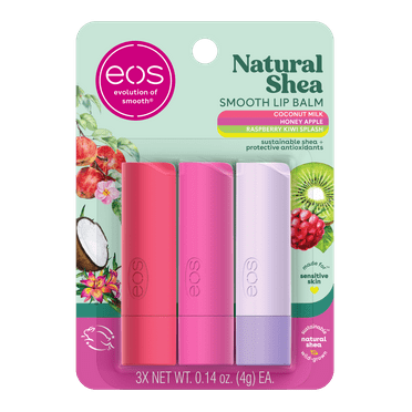 eos Natural Shea Smooth Lip Balm- Honey Apple, Coconut Milk, Raspberry Kiwi Splash, 0.14 oz, 3-Pack