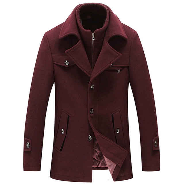 Pisexur Mens Winter Jacket Men's Solid Color Pocket Zipper Long Sleeved Double-layer Collar Wool Coat Mens Winter Coat Windbreaker Jacket Warming Jacket