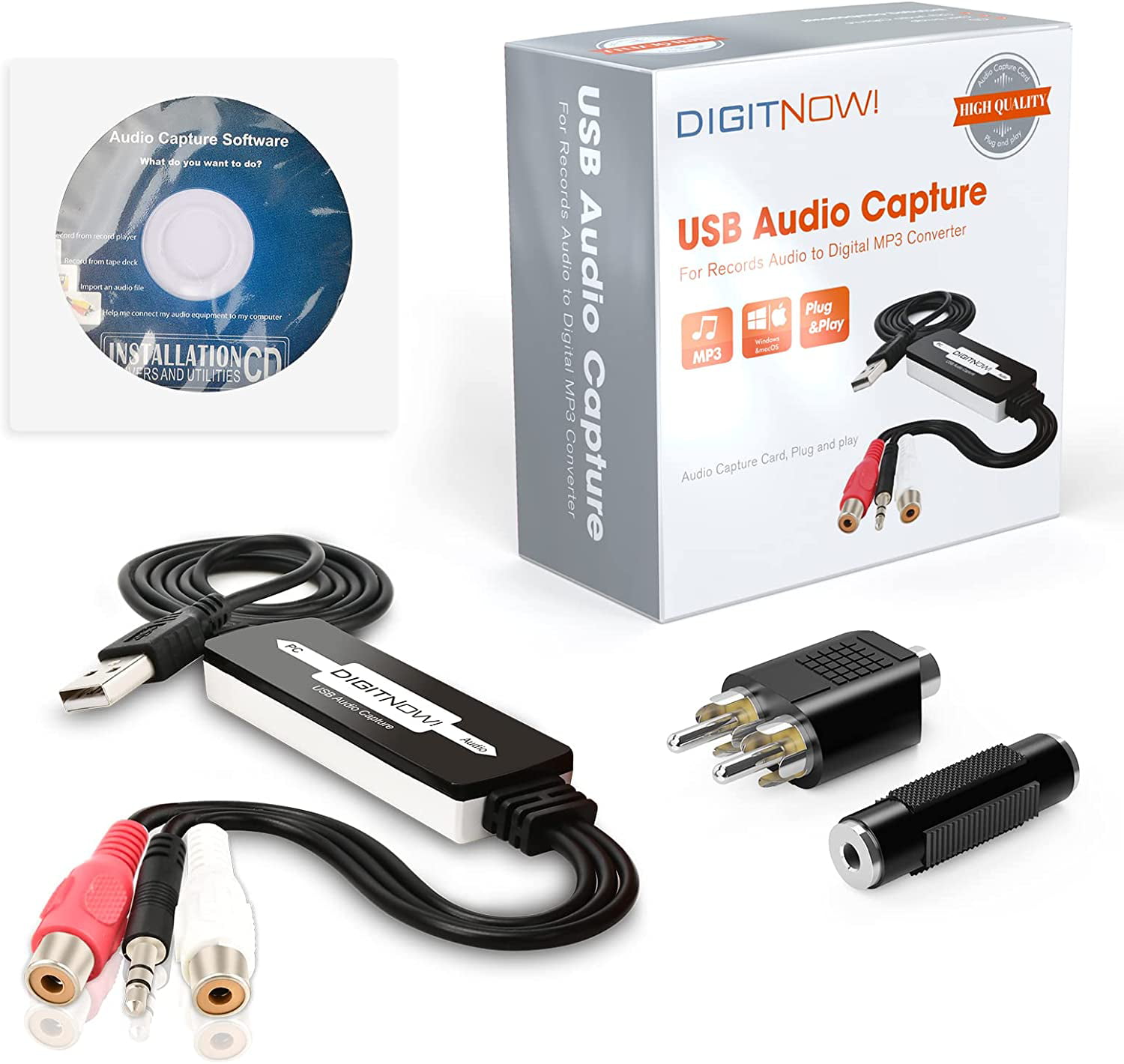 Support Mac & Windows 10/8.1/8 7 Vista/XP DIGITNOW USB Audio Capture Card Grabber for Vinyl Cassette Tapes to Digital MP3 Converter 