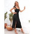 thumbnail image 3 of Women's Square Neck Tie Strap Midi Dress in Solid Urban Style with Peplum and Slit Sleeveless Flounce Hem 100% Polyester, 3 of 10