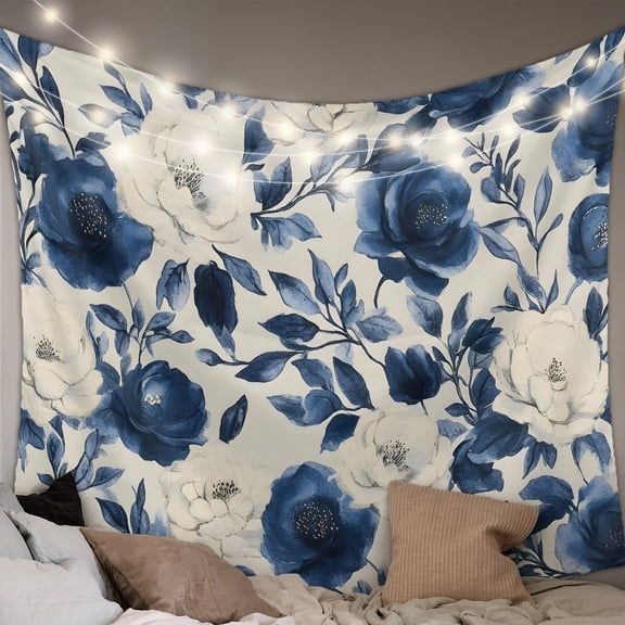 Navy Blue Beige Peony Tapestry for Bedroom Wall Hanging Tapestry, Vintage Floral Blossom Botanical Ceiling Backdrop Tapestries Poster Blanket Wall Decor for Teens Room Living Room Dorm 39" x 59"