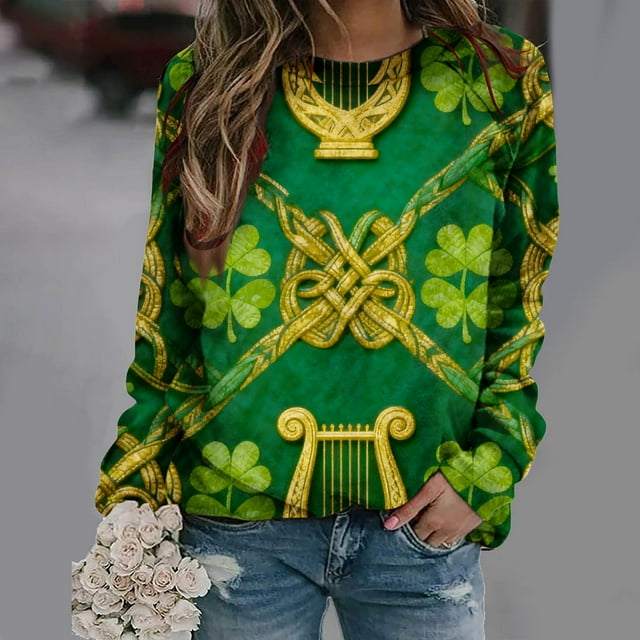 Nuoqisi Chandail de la Saint-Patrick pour Femmes Trèfle Imprimé Manches Longues