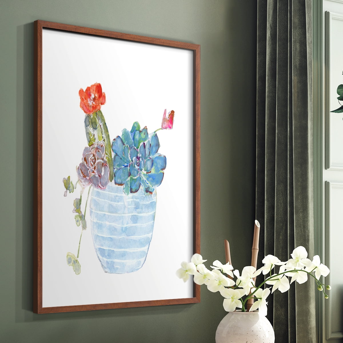 Cactus and Succulent Blooms I Framed Print in Brown Solid Wood Framed Print No Nail Hanging