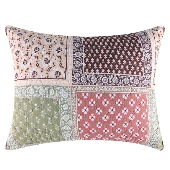 Greenland Home Fashions Priya Cotton-Rich Patchwork Print Boho Pillow Sham, Standard, for Teens and Adults
