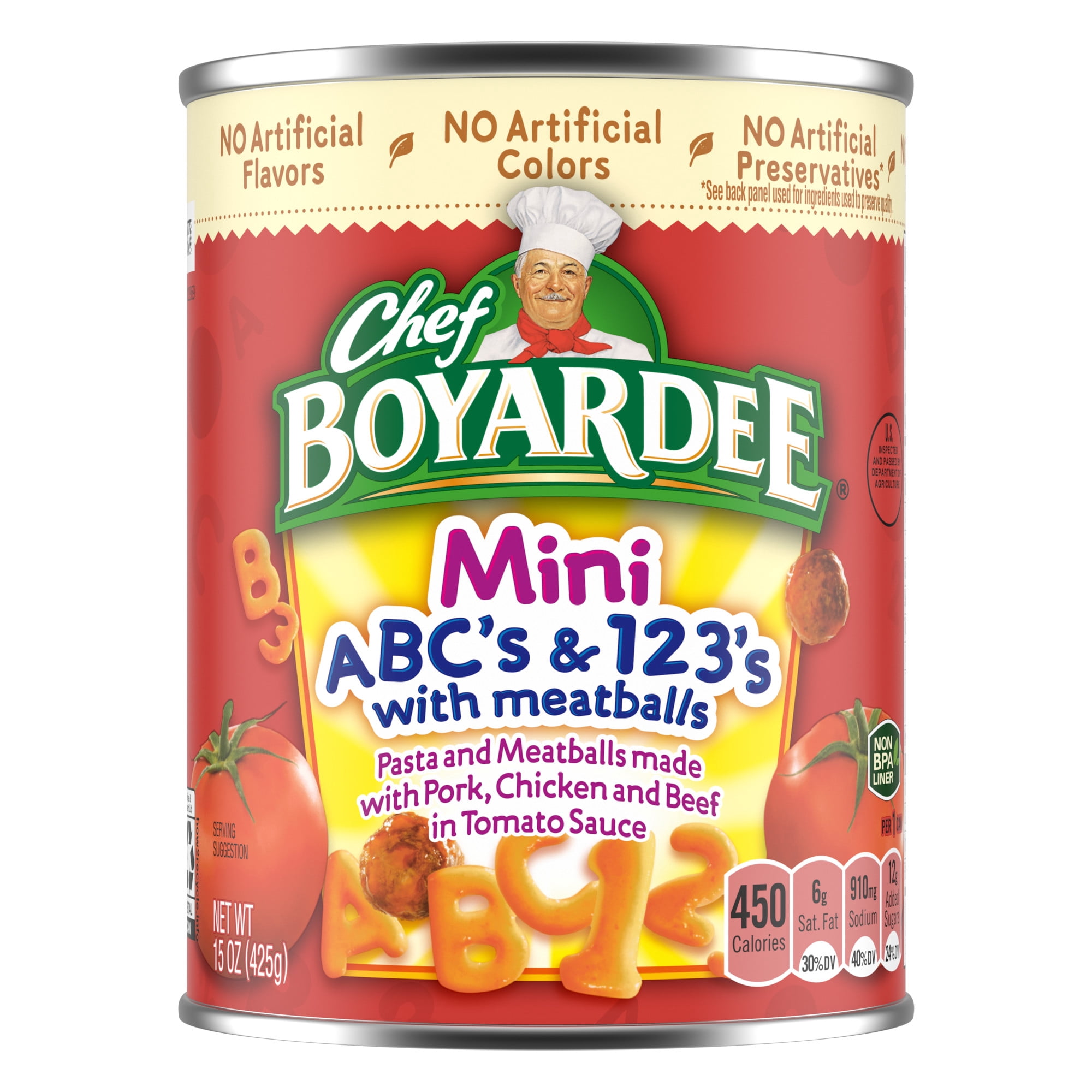 (12 pack) Chef Boyardee Mini ABC's and 123's with Meatballs in Tomato Sauce, Ready-to-Eat Meal, 15 oz. Can