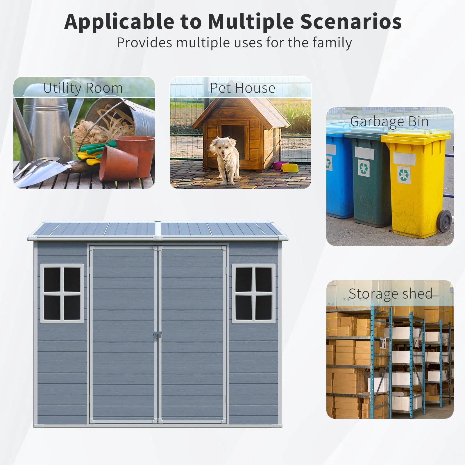 IMagacFun 8x4 Resin Outdoor Storage Shed Heavy Duty Waterproof Shed Plastic Shed with Floor,2 Windows and Lockable Doors for Garden Patio Backyard Grey