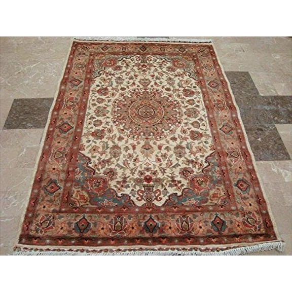 Ahmedani Linen Medallion Ivory Touch Flowers Living Room & Bedroom Area Rug Home Decor Hand Knotted Wool Silk Carpet (6 x 4)'