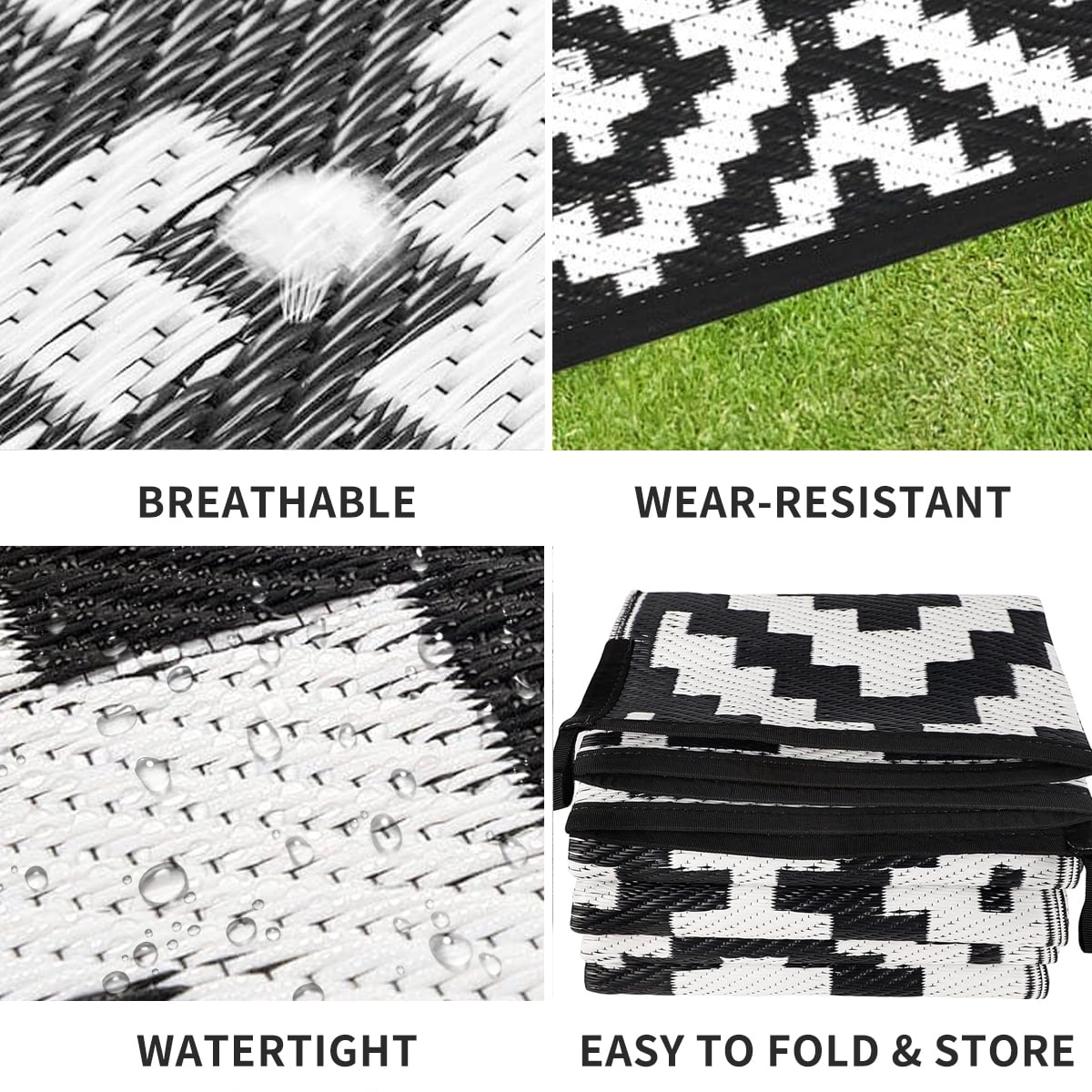 Kzaei Waterproof Outdoor Rug, 8'x10' Reversible Plastic Camping Area Rugs, Black & White