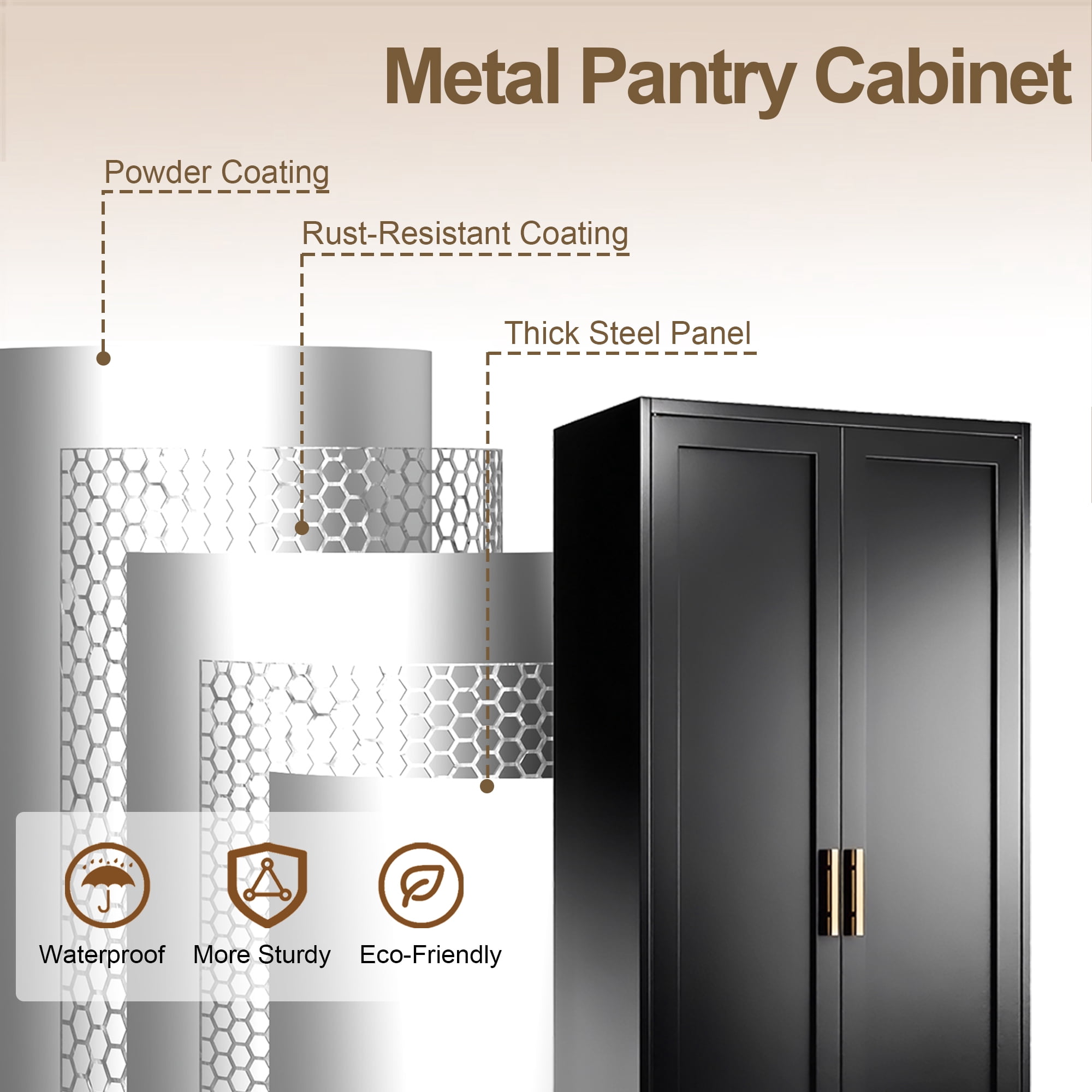 CJF Modern Metal Kitchen Pantry Cabinet, 71" Tall Lockable Storage Cabinet with 2 Doors & 4 Adjustable Shelves, Black