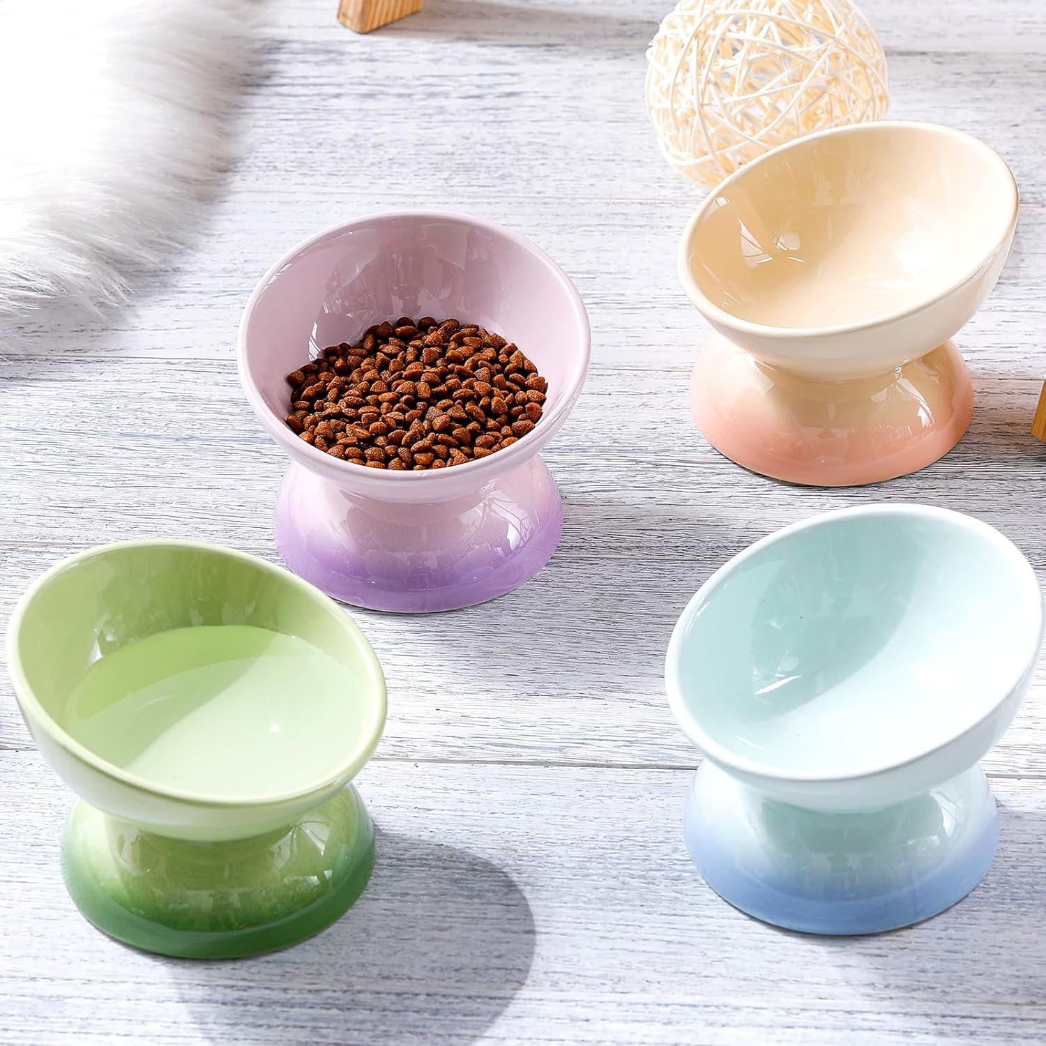 4 Pcs Ceramic Raised Cat Food Bowls Elevated Tilted Cat Dish Anti Vomiting Food or Water Bowls Colorful Porcelain Pet Bowl for Cats Kitten Small Dogs Protect Kitten Spines Gradient Color