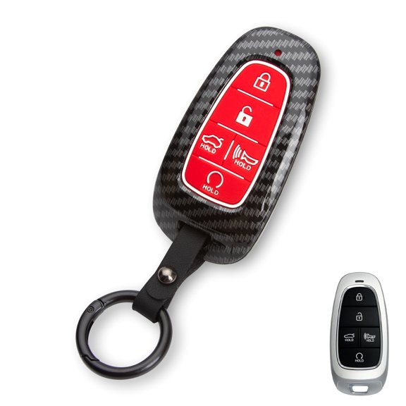 Xotic Tech Carbon Fiber Pattern Black Silicone Case Key Fob Cover Full Protector Holder w/Keychain Compatible with Hyundai Sonata Tucson Santa Fe 2020-2022 Keyless Entry Remote Key (5 Buttons, Red)