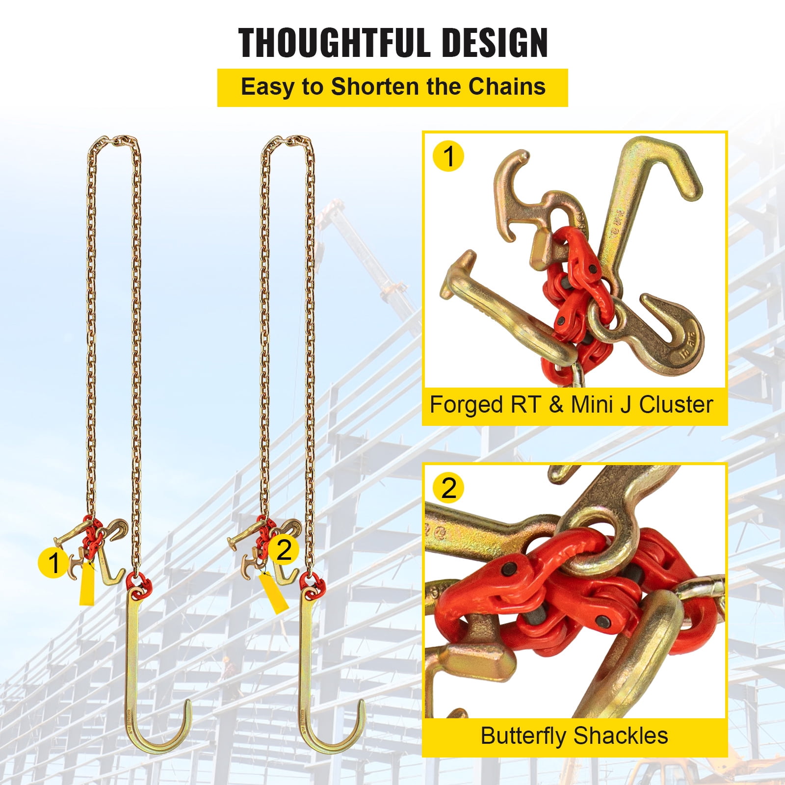 KFFKFF J Hook Chain, 5/16 in x 10 ft Bridle Tow Chain, Grade 80 Bridle Transport Chain, Alloy Steel Chain with 2 J Hooks, 9260 Lbs Break Strength Tow Hooks for Trucks, J Hooks Towing Straps 2PCS