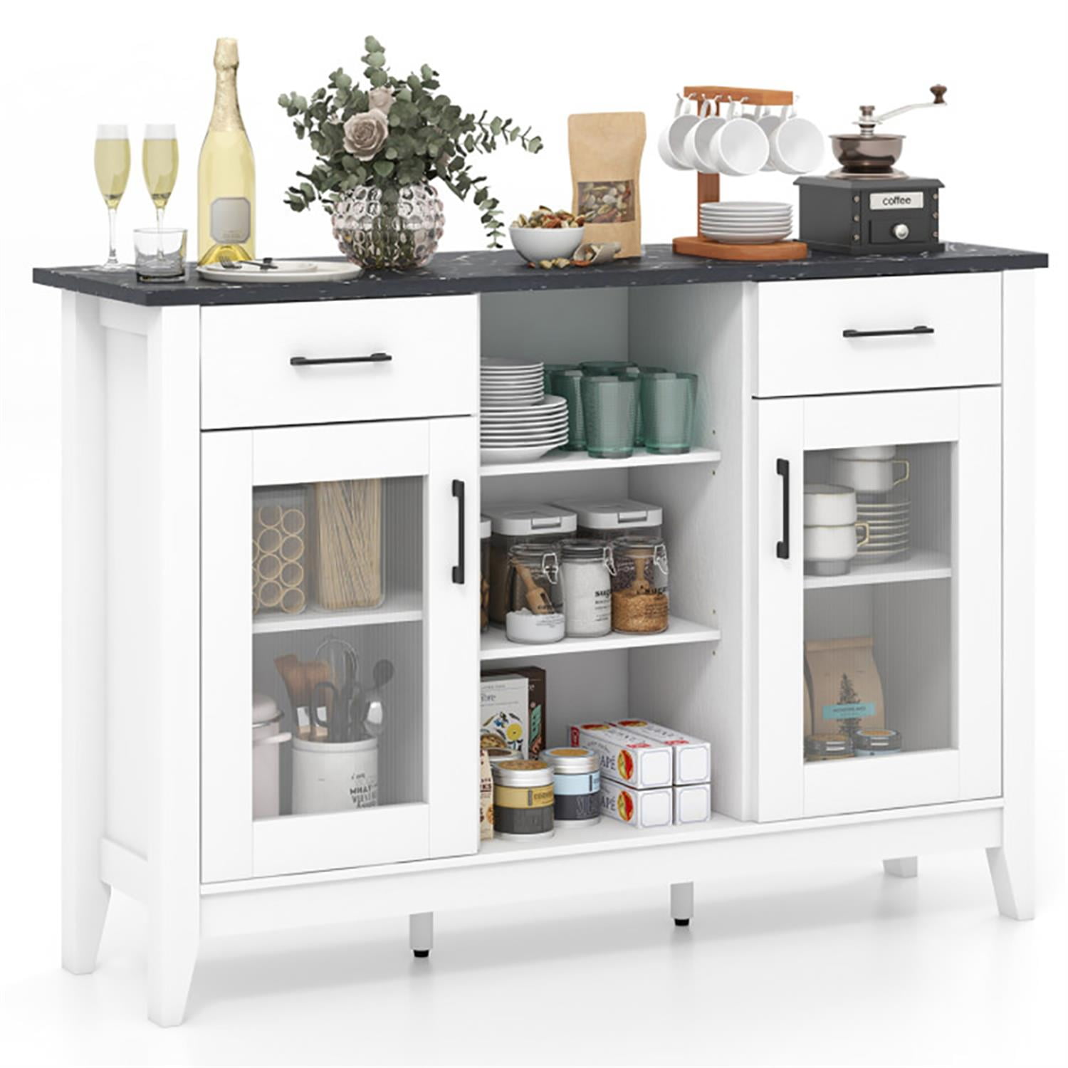Demi Bonn 52" Sideboard Buffet Cabinet with 2 Drawers and 4 Adjustable Shelves, Kitchen Storage Cabinet, Wood Coffee Bar Buffet Table for Dining Room, White