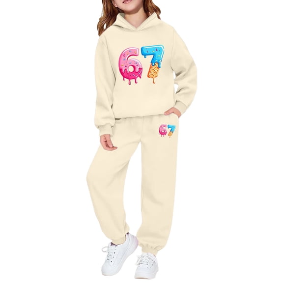 Kids Outfits Set 6 7 Six Seven Letter Outfits Set Comfortable Boys Graphic Print Hoodie And Jogger Outfit Two Piece Playwear For Toddler And Youth Kids Beige 130(7-8 Years)
