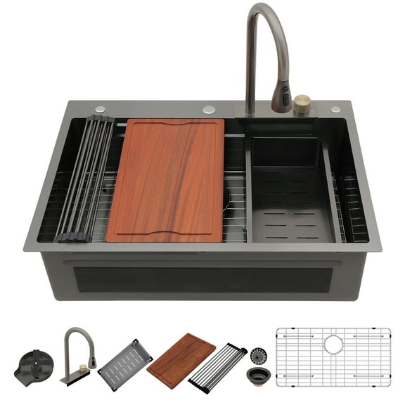 Dcolora 33x22 Waterfall Kitchen Sink Smart Workstation Sink with Faucet Combo – 304 Stainless Steel 16 Gauge Drop-In Single Bowl