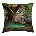 thumbnail image 1 of Tree Throw Pillow Cushion Cover, Realistic Illustration of Enchanted Tree Fort and Lotus Flower on Pond, Decorative Square Accent Pillow Case, 20 X 20 Inches, Green Brown and Jade Green, by Ambesonne, 1 of 2