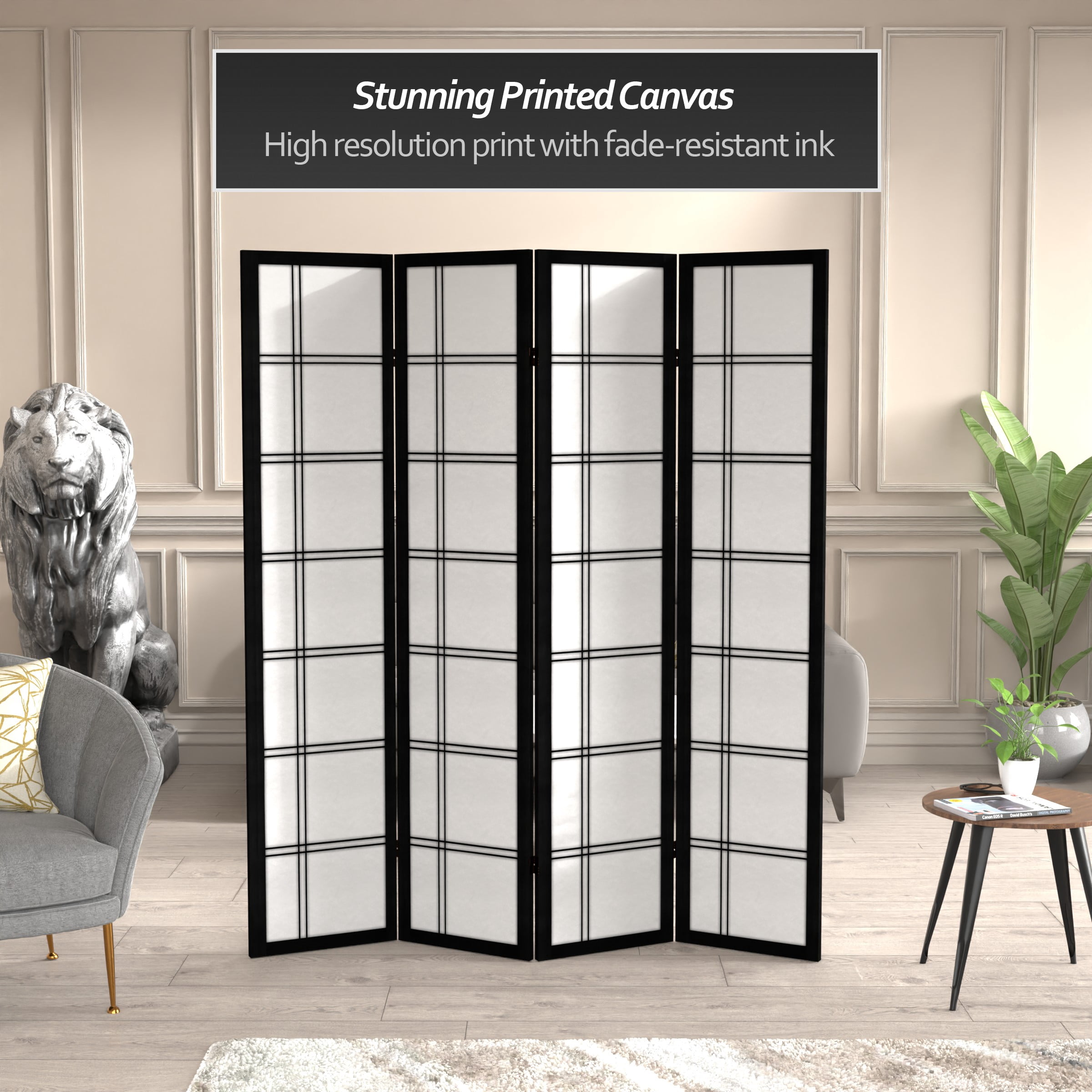 Oriental Furniture 6 ft. Tall Canvas Double Cross Screen - Black - 4 Panel