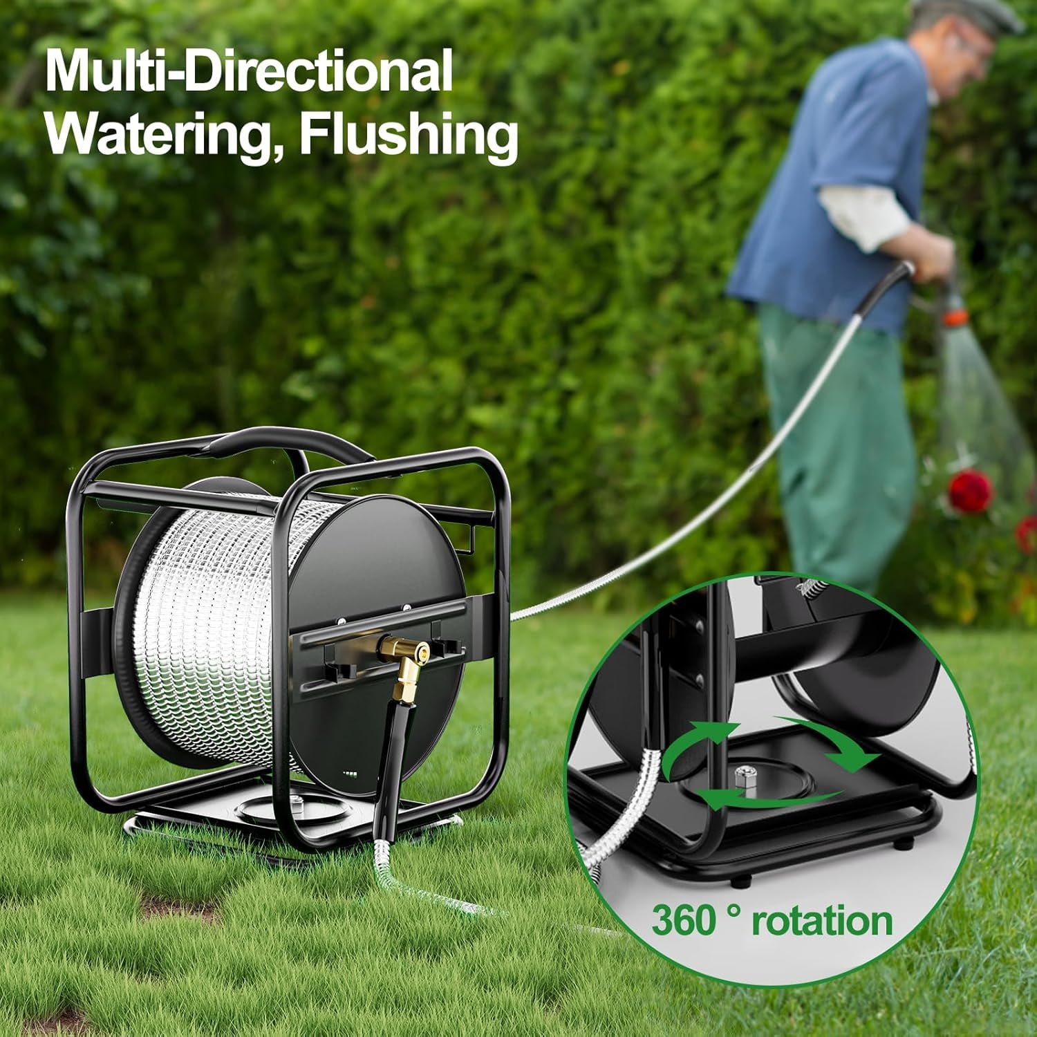 SPECILITE Metal Garden Hose Reel with 100ft 304 Stainless Steel & Aluminum Nozzle, Wall Mount/Floor Water Pipe Spool