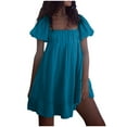 thumbnail image 4 of Cagogo Womens Beach Dresses Summer Spring Under $5 Plus Size Square Neck Puff Short Sleeve Flowy Pleated Short Mini Cotton Swing Sundress Boho White Shirt Dresses, 4 of 9