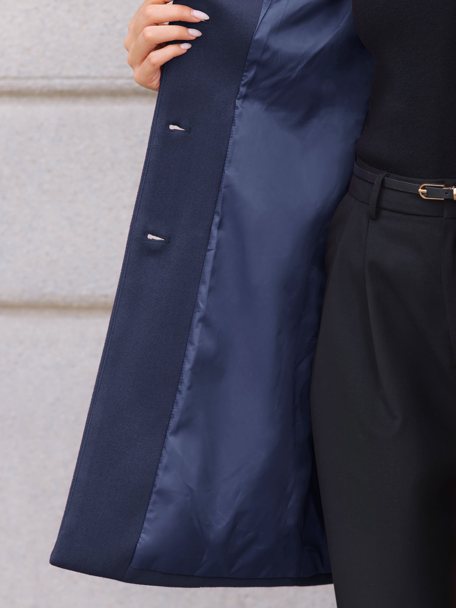 DARING DIVA Women's Stand Collar Mid-Length Overcoat with Pockets XL Navy Blue
