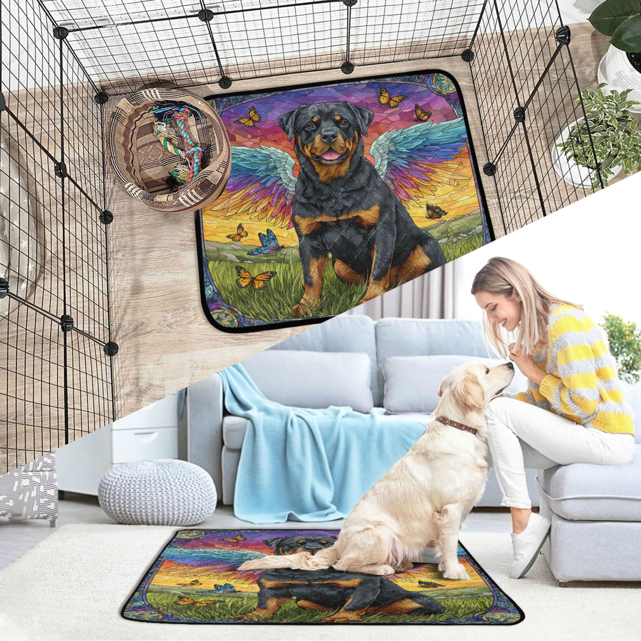 Qxltty Cartoon Rottweiler Cat litter Pads Pet Set of 2 Diaper Mats Center Anti-leakage Layer Absorbent Soft and Comfortable