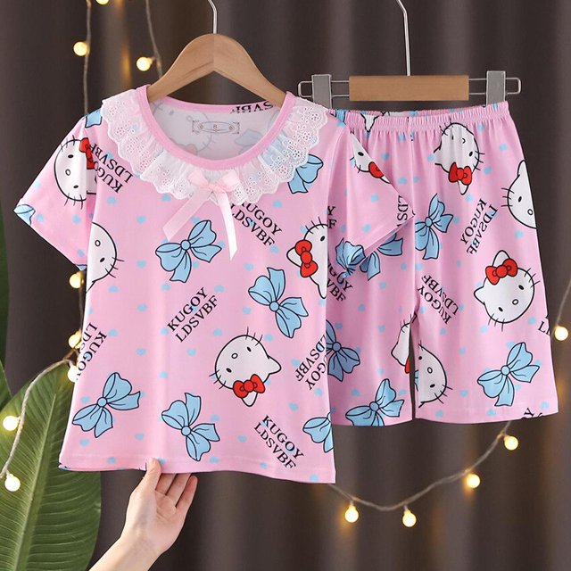 Frozen Elsa Summer Girls Pijamas Ropa de manga corta para niños Fragancia pequeña Small Middle Big Children Baby Homewear Set14 125-135CM Gao Jinjia LED