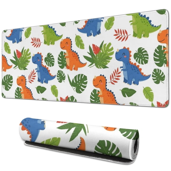 Long Mouse Pads for Desk,White Cartoon Dinosaurs Leaves Pattern Desk Mats on Top Of Desks, Desk Mouse Pad Extra Large with 3mm Non-Slip Base and Stitched Edge for Gaming,Office,Work,Home 31.5"x11.8"