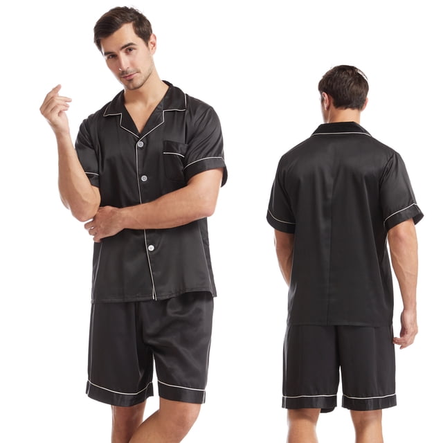 Conjunto de pijama corto de color liso con solapa para hombre, ropa de casa de verano de talla grande, de satén mate, de manga corta y ocio