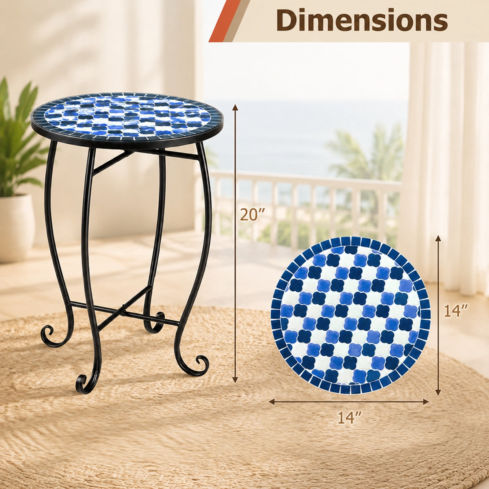 Biotree 14 Inch Metal Mosaic Accent Table, Outdoor Patio Side Table Plant Stand with Floral Clover Top and X-Frame Base for Backyard Poolside, Blue
