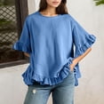 thumbnail image 2 of Blouse à Col à Volants pour Femmes - Chemise Boutonnée à Manches Courtes d'Été, Coupe Ample Décontractée Col Rond avec Détails Féminins (Bleu / S), 2 of 7