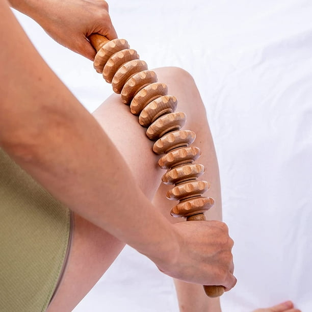 Wooden Curved Massager Handheld Roller Stick, 12 Rollers Trigger Point Manual Body Therapy