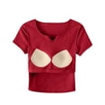 thumbnail image 6 of For Women's V-Neck Padded Short Sleeve T-Shirt - Slim Fit Ribbed Crop Top, Built-in Bra Yoga & Gym Workout Shirt, Casual Athletic Wear Red XL, 6 of 8