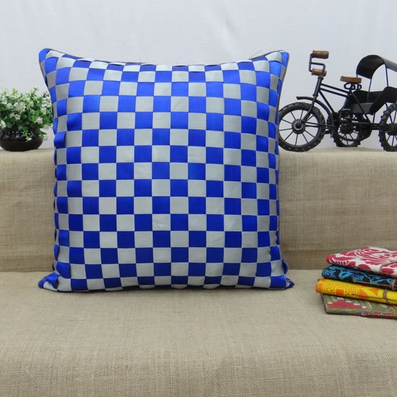 S4Sassy Décorative Pillowcase Blue Check Ribbon Handmade Throw Cushion Cover Handmade Pillow Cover 12 x 12