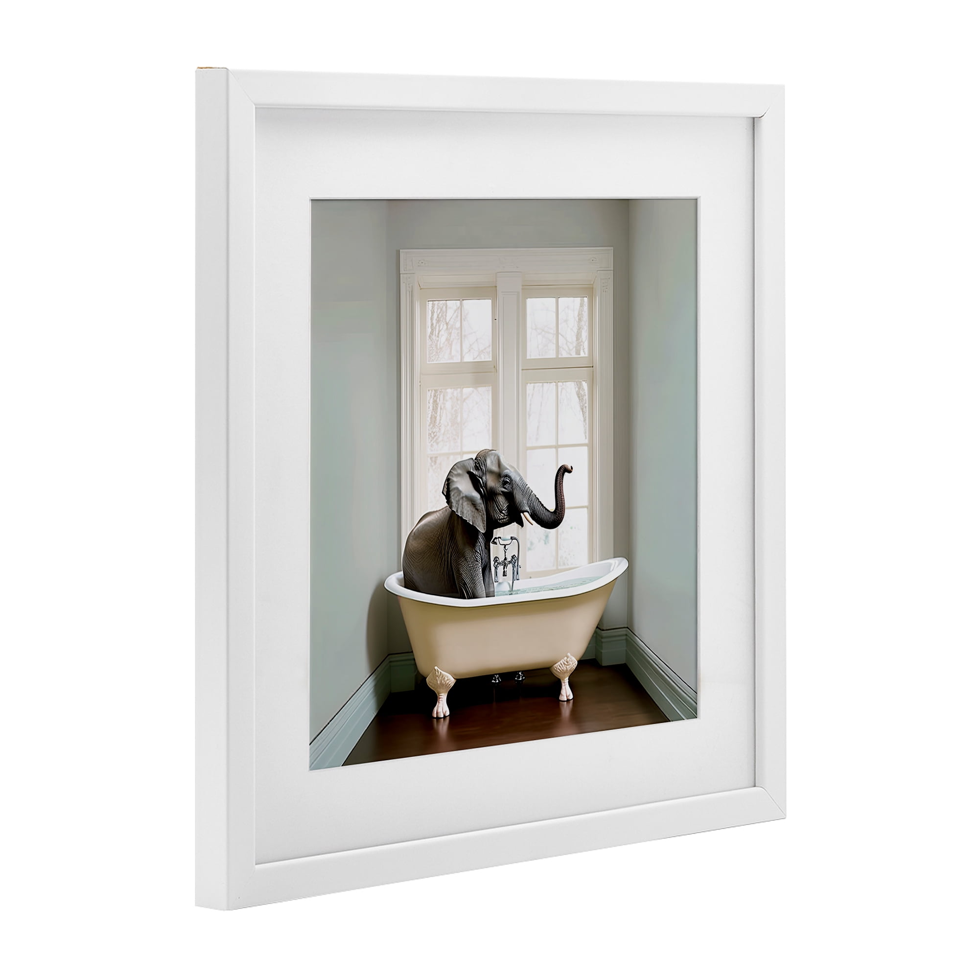 Minimal Elephant Bathtime White Framed Print Under Glass, design by Sasha