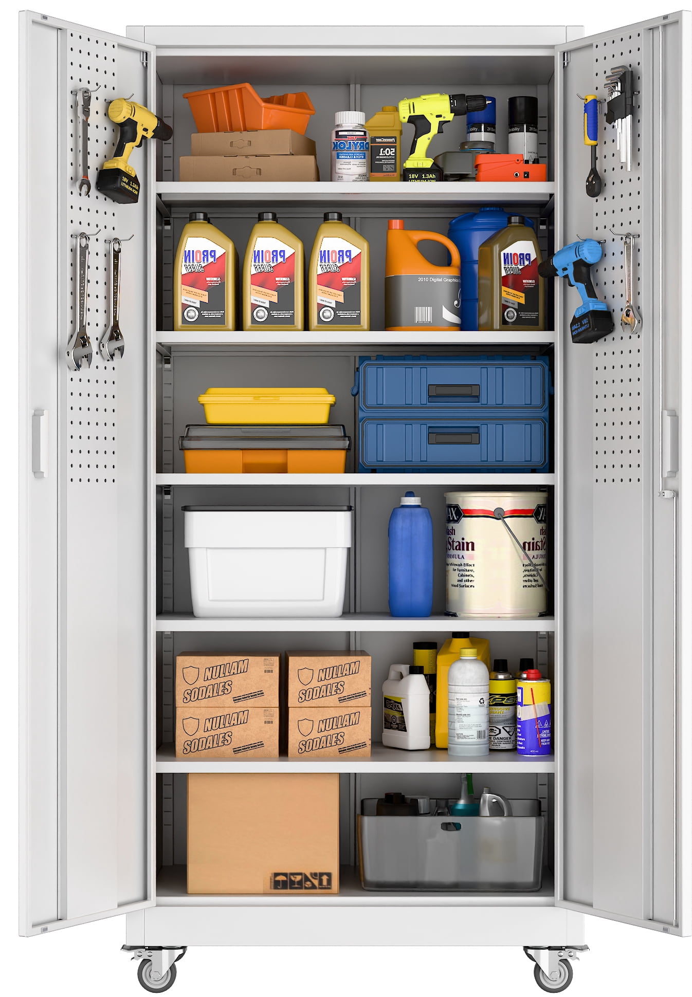 HUAXRON Metal Storage Garage Cabinet with Wheels, Office Cabinet with Storage Shelves and Double Doors, for Garage and Utility Room, Home Office, Assemble Required , White