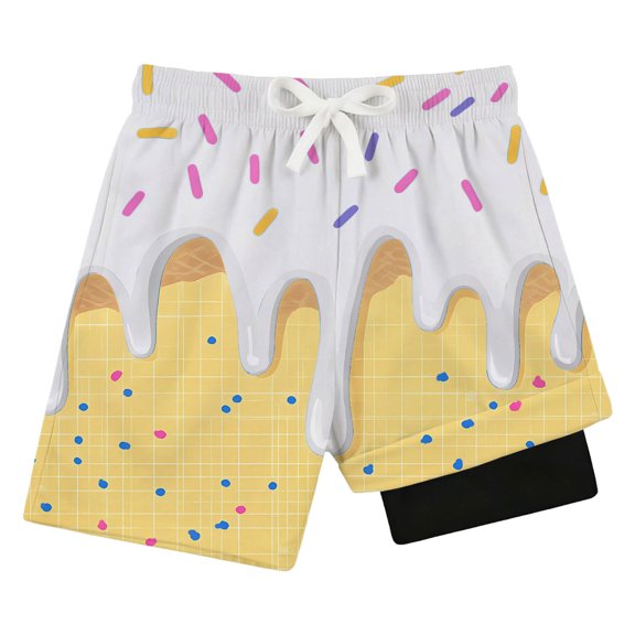 Kcolen Boys Swim Trunks with Compression Liner Funny Ice Cream Swim Shorts Quick Dry 2 in 1 Beach Board Shorts with Pockets