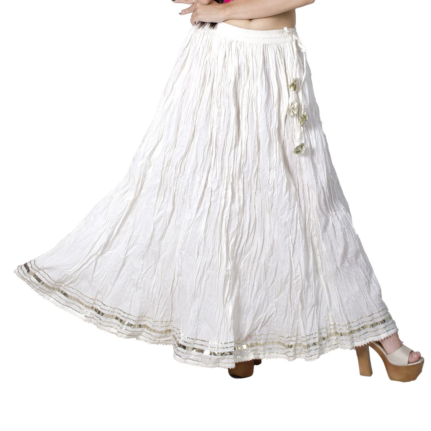Bimba Women’s Cotton Maxi Skirt With Gota Patti Work & Drawstring Waist – Boho Style Flared Skirt