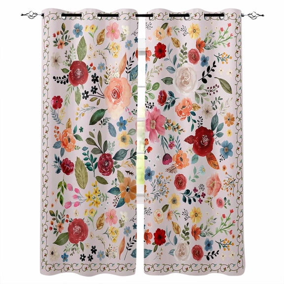 Pink Flowers Blackout Curtains for Bedroom/Living Room, Thermal Insulated Kitchen Curtains, Spring Farmhouse Floral Leaves Vintage Grommet Darkening Window Treatment Drapes 52"x72"x2