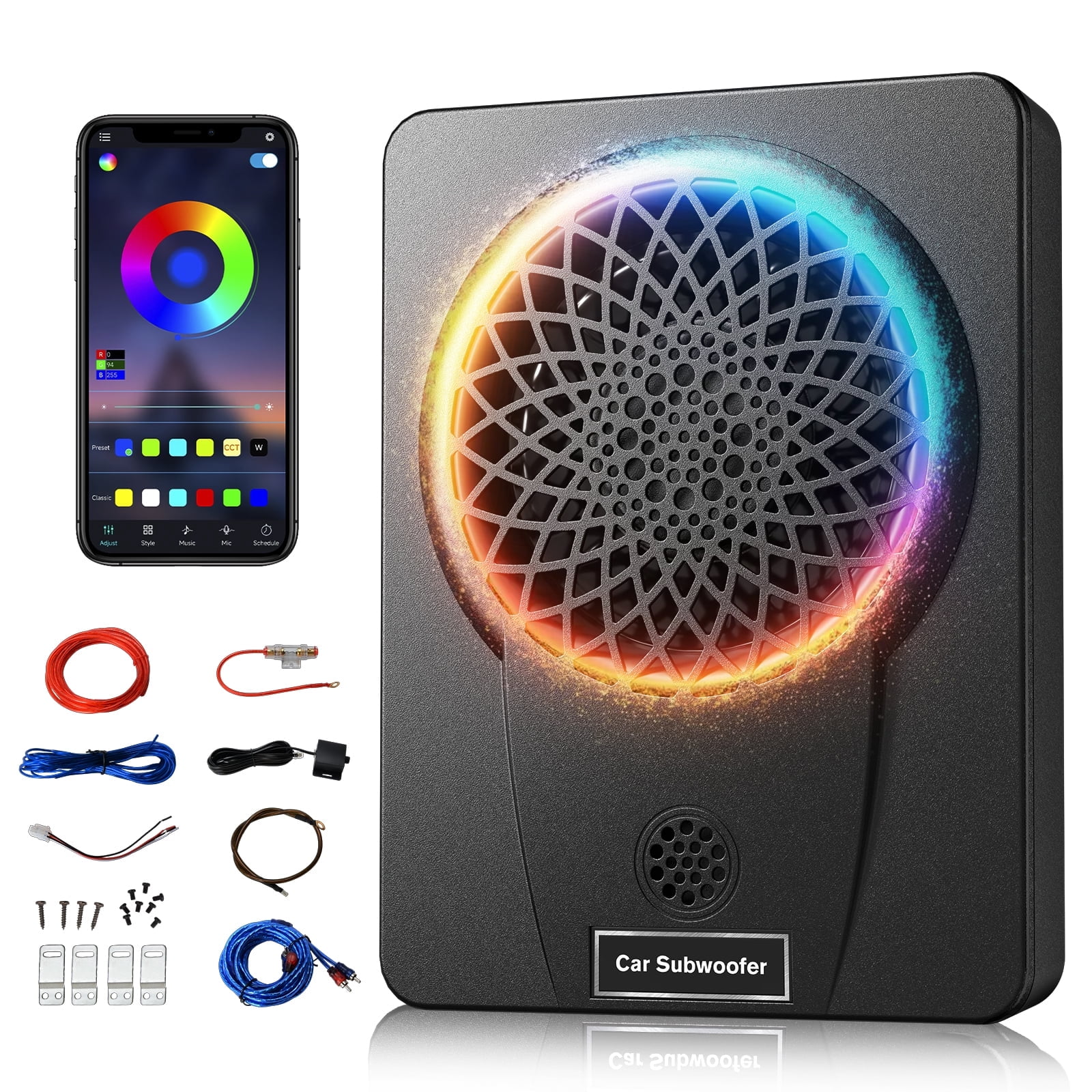 1200W 10-Inch 2 Way Car Subwoofer with Built-in Woofer & Tweeter, Ultra-Thin Powered Under-Seat Sub, Deep Bass & Clear Highs, Rare Tweeter Design with Bass Knob Multicolor LED Lighting