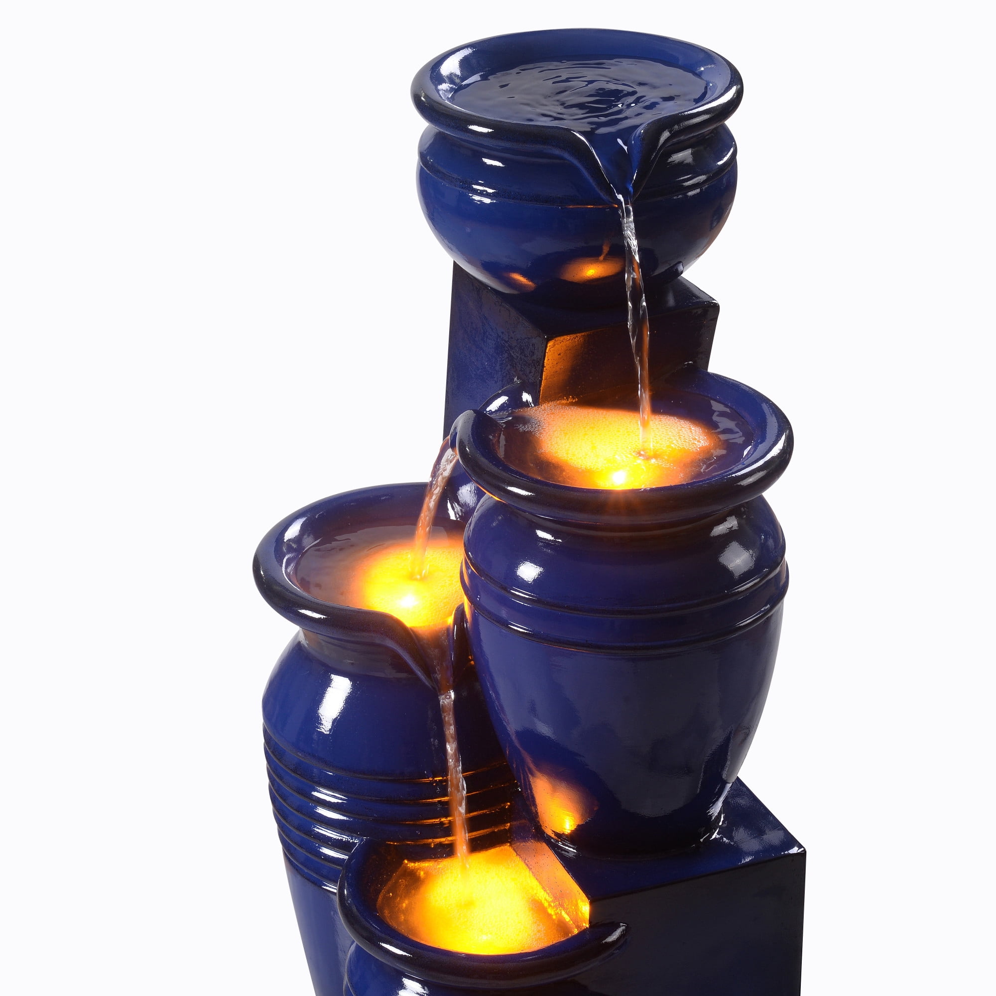Teamson Home 4-Tier Outdoor Cascading Bowl Solar Powered Water Fountain with LED Lights, Navy