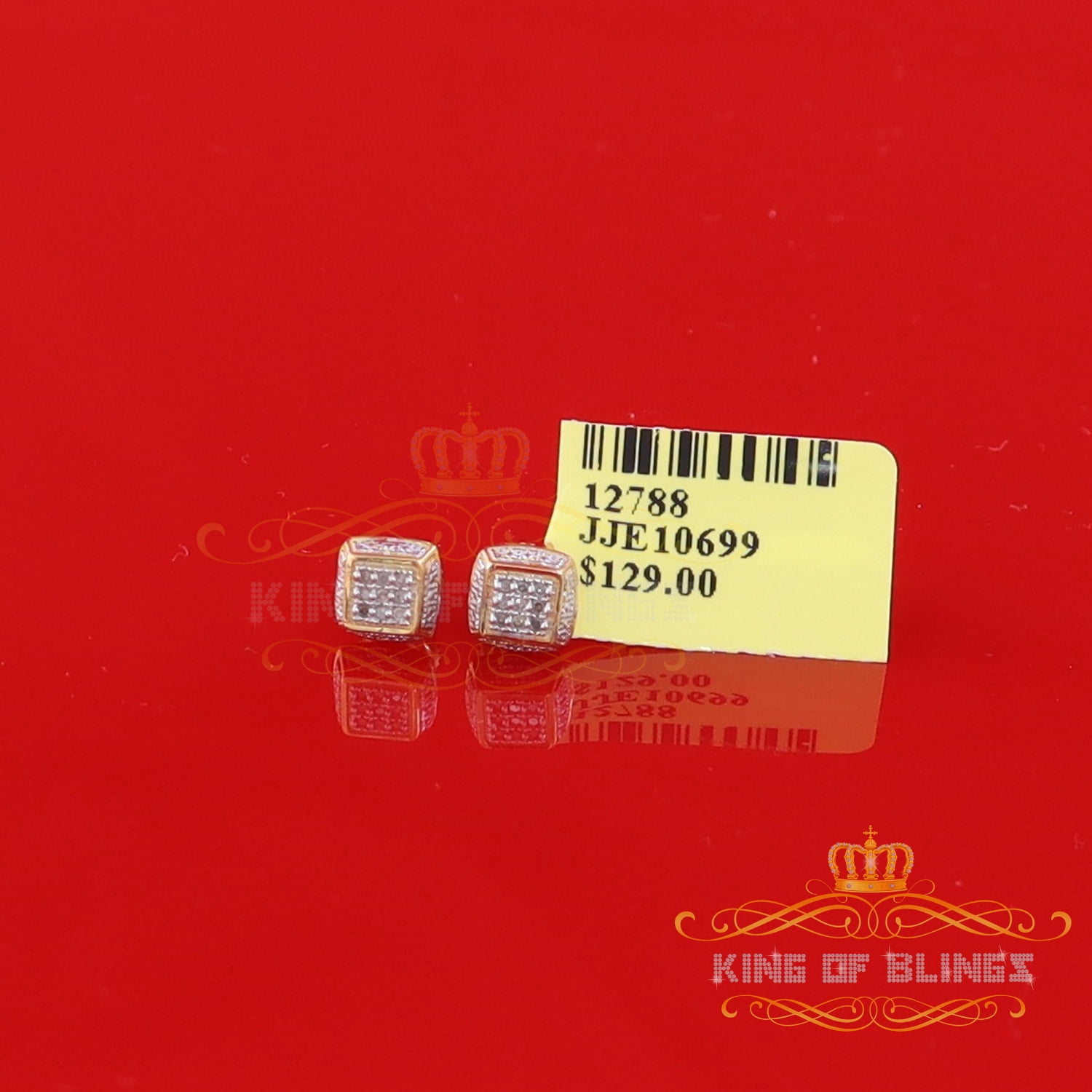 King of Bling's 0.05ct Diamond Square Earrings For Women Yellow 925 Sterling Silver Stud For Men