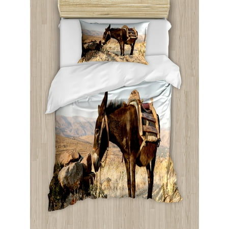 Donkey Duvet Cover Set Twin Size, Greek Donkey up in the Mountains of Lesvos Island in Mediterranean Sea Digital Image, Decorative 2 Piece Bedding Set with 1 Pillow Sham, Multicolor, by