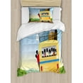 thumbnail image 1 of Cartoon Twin Size Duvet Cover Set, Yellow Bus Full of Passengers and Luggage Driving in Asian Meadows Warm Spring Day, Decorative 2 Piece Bedding Set with 1 Pillow Sham, Multicolor, by Ambesonne, 1 of 3