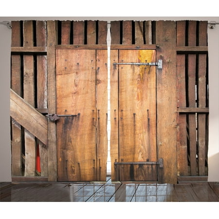 Bohemian Themed Living Room Rustic Decor Curtains 2 Panels Set, Dated Simple Door Like In Construction Vertical Barns House Nobody Bohemian Decor Print, Living Room Bedroom Accessories, By Ambesonne ()