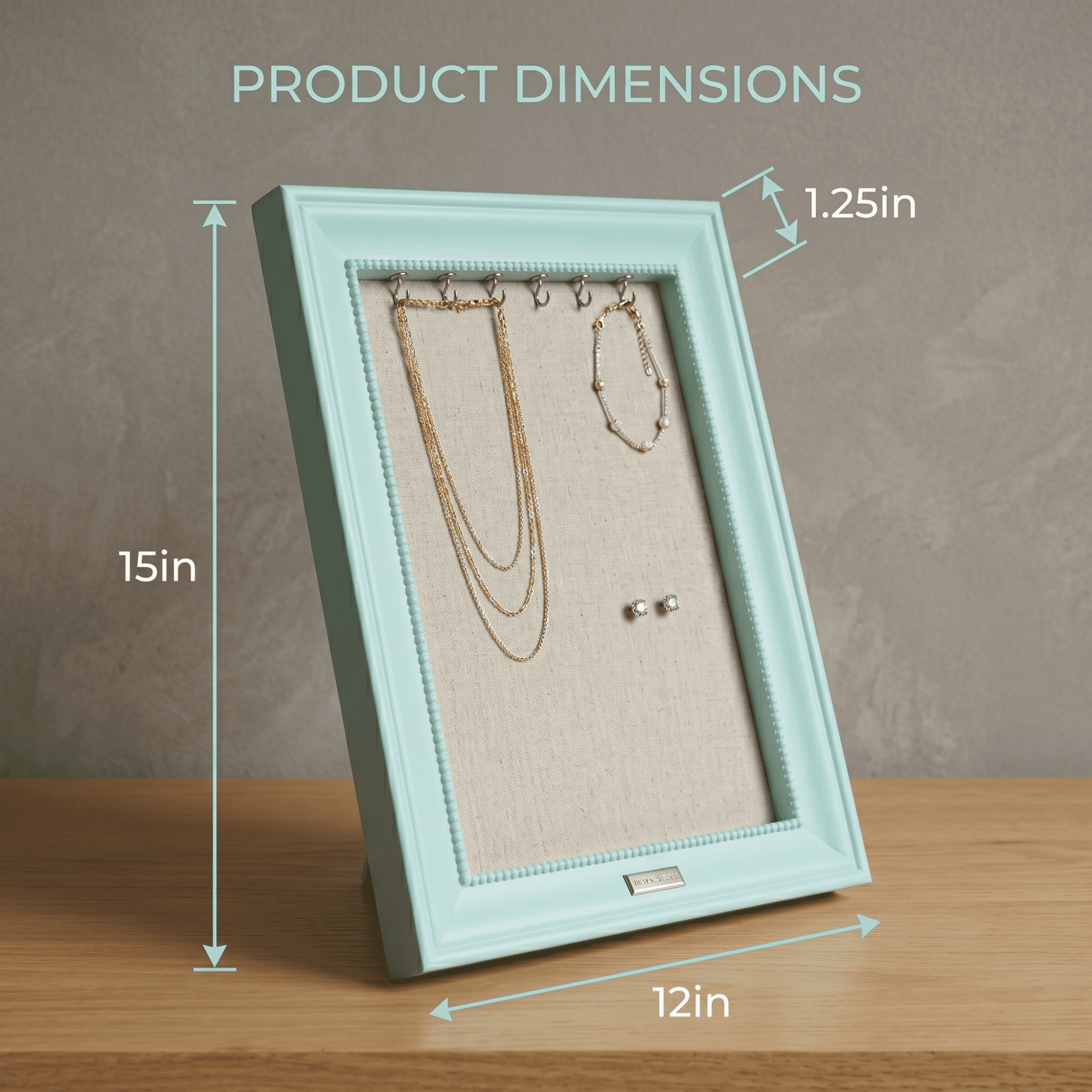 Hives and Honey Women's Medium 15" x 12" Seafoam Jewelry Frame Organizer with Necklace Hooks and Linen Pinboard
