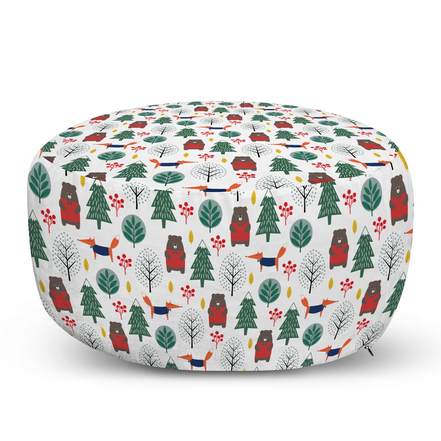 Cartoon Ottoman Pouf, Nursery Themed Winter Forest and Fauna with Trees