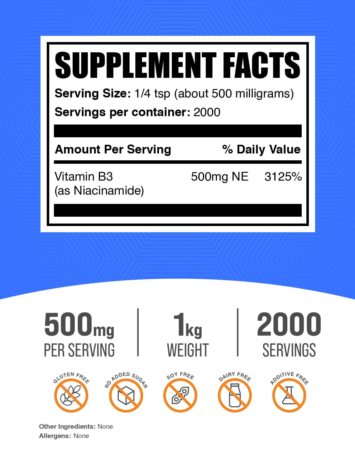 BulkSupplements Niacinamide Powder - Vitamin B3, B Vitamin Supplement, 500mg per Serving, 1kg (2.2 lbs)