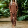 thumbnail image 4 of PRINxy Women All Match Linen Texture Two Piece Outfit Summer Crew Neck Short Sleeve Top Loose Wide Leg Pants Ladies Outdoor Leisure Daily Wear Suit Coffee XL, 4 of 7